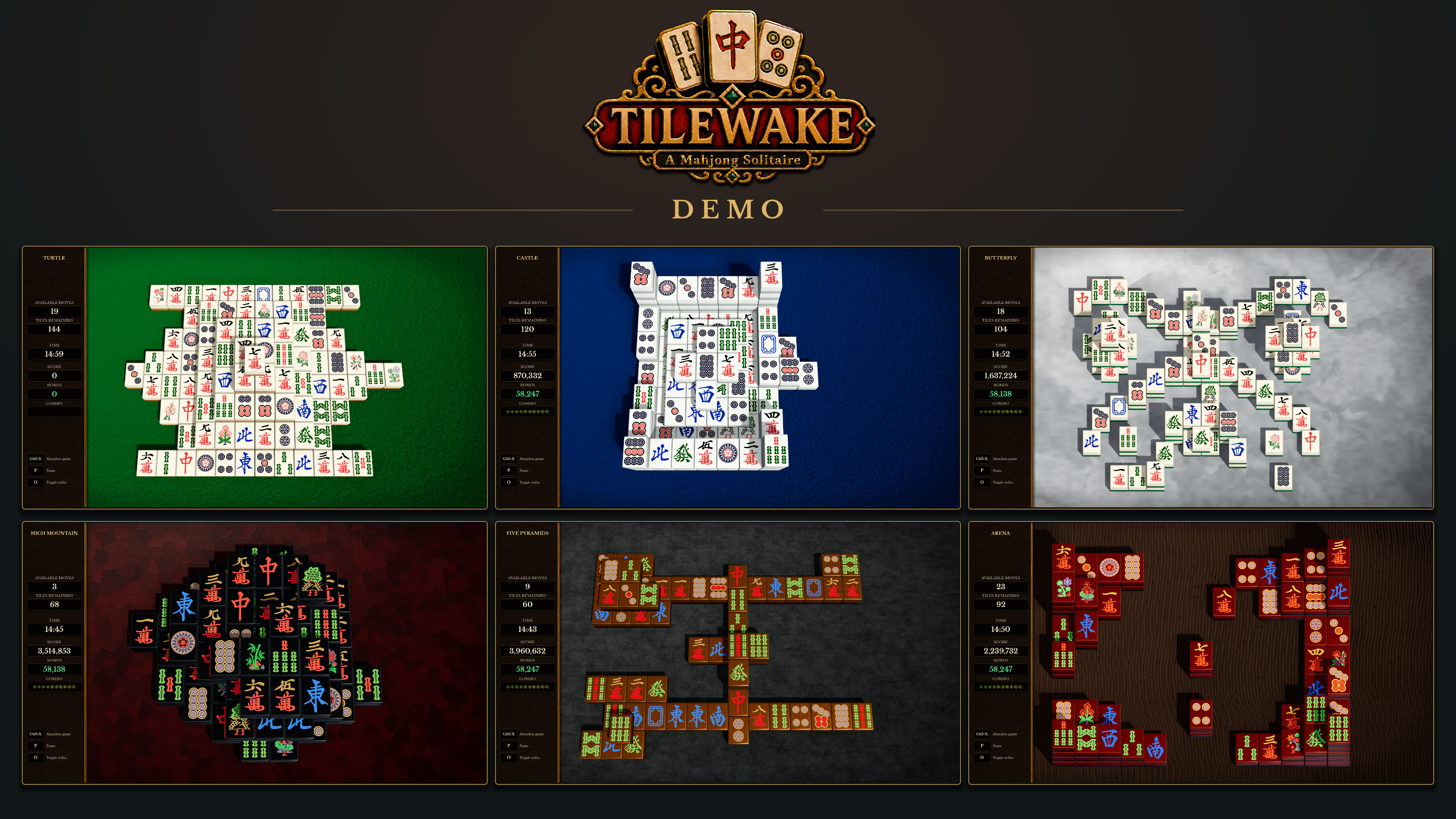 Tilewake Demo. Six game scenes in two rows, showing different Mahjong layouts, tile and table styles, zoomed gameplay and two orthographic views.
